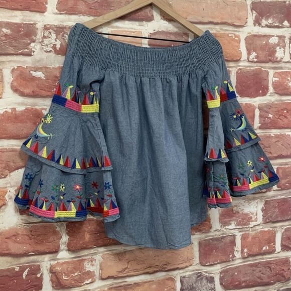 Va Va By Joy Han Top Women's Small Blue Denim Boho Embroidered Bird Blouse - Picture 2 of 12